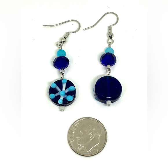Cobalt Sky Blue and White Lampwork Glass Snowflake with Crystal & Jade Earrings - Picture 4 of 4